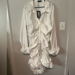 Plus White Satin Ruched Front Frill Hem Shirt Dress